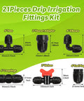 21 Piece Half Inch Drip Irrigation Fittings Kit With Anti Leak Lock Nut Barbed Connectors showing parts and dimensions