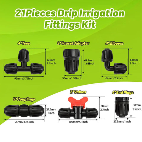 21 Piece Half Inch Drip Irrigation Fittings Kit With Anti Leak Lock Nut Barbed Connectors showing parts and dimensions