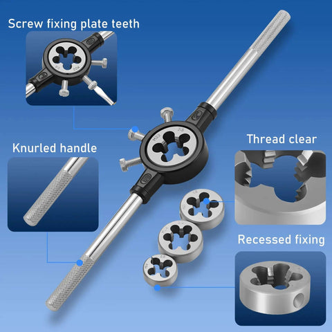 Close-up of a die wrench from 45 Piece Metric Tap And Die Set For Threading And Rethreading M6 To M25 with detailed features.