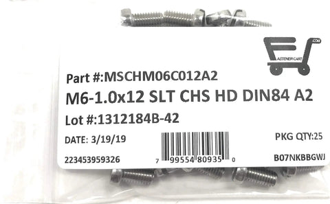 M6 x 12mm stainless steel slotted cheese head machine screws in sealed bag for assembly and repairs.