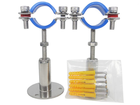 Front view of stainless steel adjustable pipe clamp brackets for 1-in pipe with blue rings; set of 2 with screws.