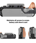 Vlog Camera Cage For Sony RX100 VI And RX100 VII With Removable Wooden Side Grip, full accessory mounts, side and top views