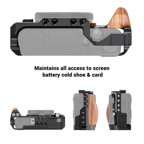 Vlog Camera Cage For Sony RX100 VI And RX100 VII With Removable Wooden Side Grip, full accessory mounts, side and top views