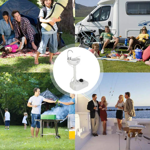 Super Heavy Duty Portable Foot Pump Wash Station With Smooth Rollin Base And No Fuss Soap Tray Plus Sturdy Hanging Rack Made For Outdoor Work Sites Rv Camps And Backyards in use at campsites and outdoor gatherings.