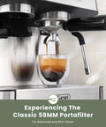 Next Level Espresso Machine With Built In Burr Grinder, 20 Bar Killer Coffee Maker For Homemade Cappuccinos, Boasting Fast Heat Up And Solid Steel Chassis For Chill Morning Vibes At Home dispensing espresso into a glass under 58MM portafilter.