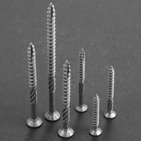 Close-up of various screws showcasing design, similar to Bronze Exterior Deck Screws 4 Inch 304 Stainless Steel Rust Resistant Epoxy Coated.