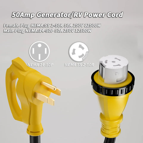Beefy 50 Amp Generator Cord, 25Ft RV Extension Cable With 14-50P To SS2-50R, Emergency Home Power Backup, Safe Auto Transfer Switch Ready, Weatherproof Outdoor Generator Extension For Blackouts And Storms, yellow NEMA plugs