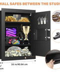17.72 Inch Tall Fireproof Wall Safe Between Studs With Digital Keypad Hidden Safe For Guns Money Jewelry Passports Black Home And Office Security For Added Peace Of Mind - displaying open with valuables inside and dimensions