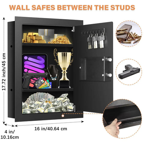 17.72 Inch Tall Fireproof Wall Safe Between Studs With Digital Keypad Hidden Safe For Guns Money Jewelry Passports Black Home And Office Security For Added Peace Of Mind - displaying open with valuables inside and dimensions