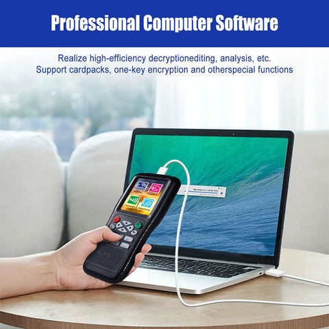 Person using ID Card Duplicator And Copier Dope Kit With Decode Function For Smart Cards And NFC, Windows laptop visible.