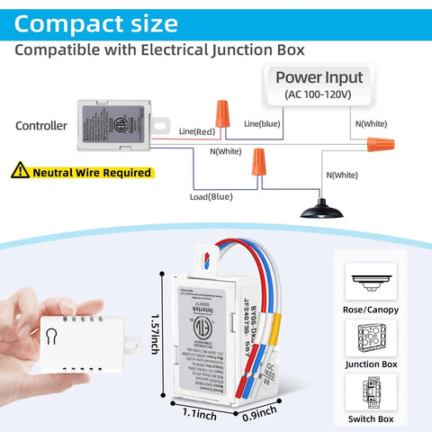 Smart Dimmer Kit With Two Remotes And One Receiver, Alexa Compatible, showing compact size with dimensions and wiring diagram