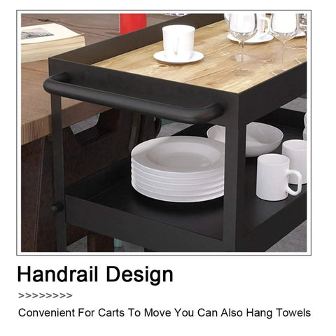 Three Tier Industrial Rolling Bar Cart With Thick Oak Shelves And Silent Casters For Living Room Hosting Hella Smooth Mobile Serving Trolley Top Shelf Storage Rack featuring handrail and dishes.