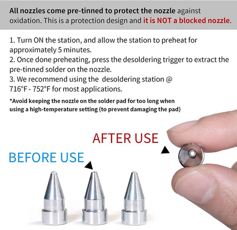 Desoldering station nozzle pre-tinned before use, with hand holding used nozzle, showcasing Efficient Desoldering Station capability.