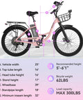 Diagram of 24 Inch Electric Bike for Adults with Peak 1000W Motor Up to 28 MPH 48V 13Ah Removable Battery, Pink, with dimensions and features