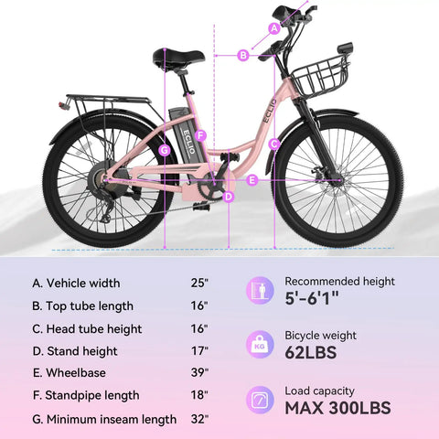Diagram of 24 Inch Electric Bike for Adults with Peak 1000W Motor Up to 28 MPH 48V 13Ah Removable Battery, Pink, with dimensions and features