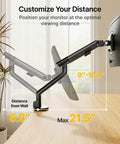 Slick Aluminum Monitor Arm Desk Mount For 17 To 40 Inch Screens showing adjustable distance from wall and maximum extension on a desk.