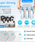 Flex Ready Hexagon Acoustic Panels 12 Pack Self Adhesive Sound Deadening Foam Wall Tiles Flame Resistant set up with water bottles.