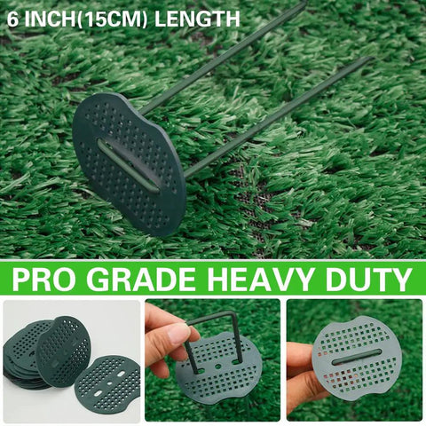 Green Painted Turf Stakes Set With 50 Stakes And 50 Buffer Washers 6 Inch 11 Gauge Heavy Duty Lawn Spikes close-up on grass