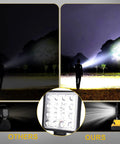 Comparison of light beam spread between Rechargeable LED Work Light 100W Beast Bright Floodlight and a standard flashlight outdoors.