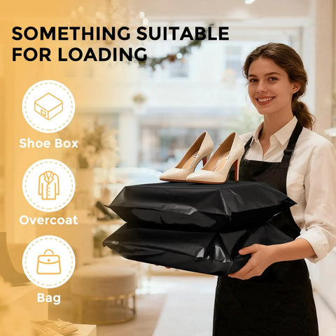 Woman holding Black 14.5x19 Inch Poly Mailers, 50 Pack, Heavy Duty Self Adhesive Bags With Tear Strip, used for shipping clothes.