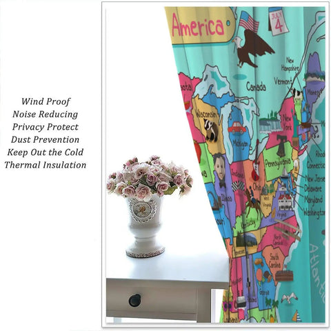 Colorful US Map Curtain Set For Kids Bedroom And Classroom, Cartoon America Design Blackout Window Drapes, vase next to drape
