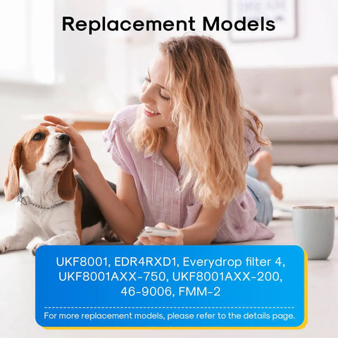 Woman and dog on floor next to text listing UKF8001 Replacement Refrigerator Water Filter models
