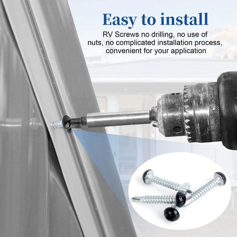 Top Shelf Pan Head Self Tapping Screws For Rv Campers And Pickup Trucks Number Eight Size One Inch Long Black Finish Alloy Steel Kit installation with drill.