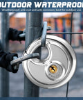 16 Pack Keyed Alike Disc Pad Locks Stainless Steel 2-3/4 Wide 3/8 Shackle Built Tough Outdoor Lock Set on gate.