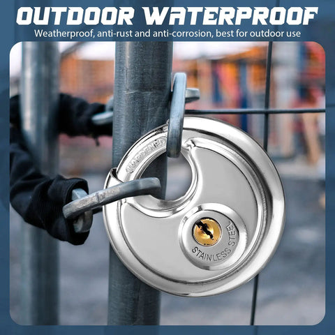 16 Pack Keyed Alike Disc Pad Locks Stainless Steel 2-3/4 Wide 3/8 Shackle Built Tough Outdoor Lock Set on gate.