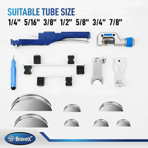 Heavy Duty Tube Bender Kit For HVAC And Auto Repair components displayed with size options and bending angles.