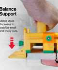 Grr Ripper Pro And Gravity Heel Kit Ultimate 3D Pushblock For Table Saw Kickback Shield SafeRip Guard in use with stabilizing support.