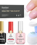 HEMA Free Nail Tips Glue Kit With Builder Gel And No Wipe Top Coat, Portable USB Nail Lamp, 15ml bottles, DIY home salon