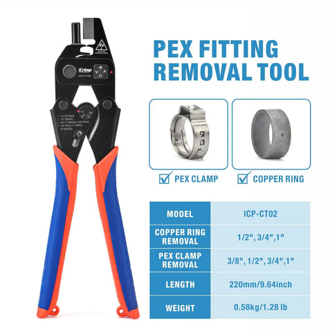 Pex Crimp Fitting Removal Tool For Removing One Half Inch Three Quarter Inch And One Inch Copper Crimp Rings And Stainless Steel Cinch Clamps ICP CT02 Compatible For Pex Plumbing Projects with stainless steel cinch clamp and copper ring.