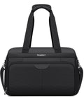 Front view of Go-To Carry On Luggage Duffel Bag For Travel, Weekender Tote, expandable 25-35L, black with adjustable straps