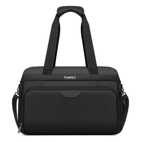 Front view of Go-To Carry On Luggage Duffel Bag For Travel, Weekender Tote, expandable 25-35L, black with adjustable straps