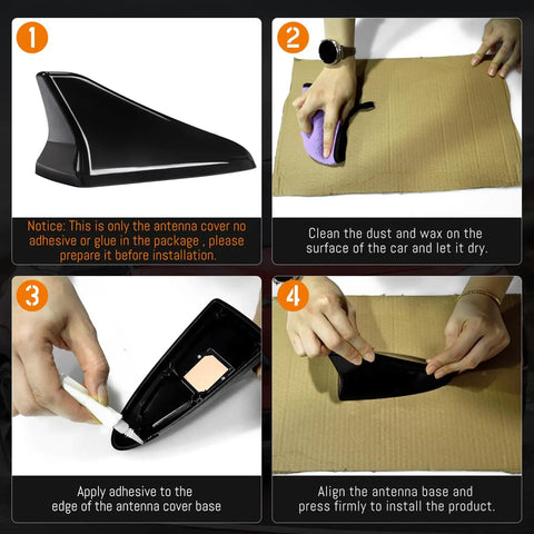 Installation steps for Shark Fin Antenna Cover For Kia Optima 2014-2020 Without GPS, including adhesive application process.