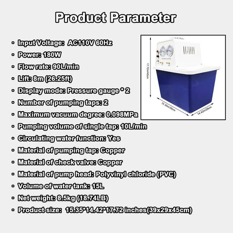 Product parameter details for Heavy Duty Water Circulating Vacuum Pump With 15L Tank And 90L Flow Rate For Lab Chemistry Tools.