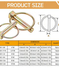 14 Piece Lynch Pin Set For 3 Point Hitch And Trailer, size chart shown for galvanized carbon steel pins