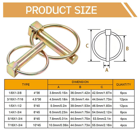 14 Piece Lynch Pin Set For 3 Point Hitch And Trailer, size chart shown for galvanized carbon steel pins