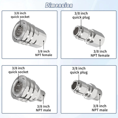 APOWER 3/8 inch stainless steel quick-connect kit for pressure washers, 8 pcs, multi-view diagram