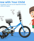 16 Inch Kids Bike For Boys And Girls With Removable Training Wheels, Adjustable Seat and Handlebar, Blue, shown with height measurements