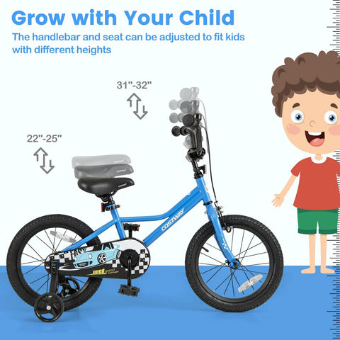 16 Inch Kids Bike For Boys And Girls With Removable Training Wheels, Adjustable Seat and Handlebar, Blue, shown with height measurements