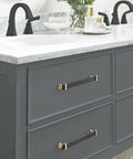 Overton Two Tone Cabinet Pull in Brushed Matte Black and Brushed Gold, 8-13/16 Inch Center to Center on bathroom vanity drawers
