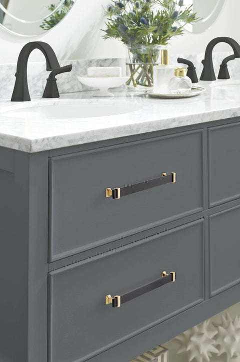 Overton Two Tone Cabinet Pull in Brushed Matte Black and Brushed Gold, 8-13/16 Inch Center to Center on bathroom vanity drawers