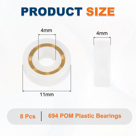 Eight Pack POM Plastic Bearings 4x11x4 mm Deep Groove Ball Bearings With Glass Balls And Nylon Cage dimensions shown