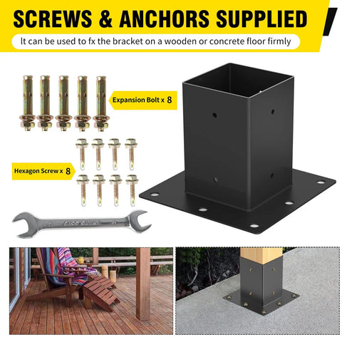 Beefy 6x6 Post Base Brackets Set with screws and wrench for deck posts 14 gauge black powder coated steel rust resistant on concrete