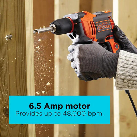6.5 Amp Hammer Drill With 1/2 Inch Chuck Two Mode Hammer Or Drill Side Handle drilling wood at 48,000 BPM