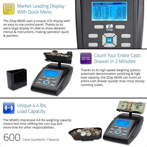 MS40 Bill And Coin Counting Scale For Fast Cash Drawer Counts And Currency Weighing Machine displaying screen and weighing coins