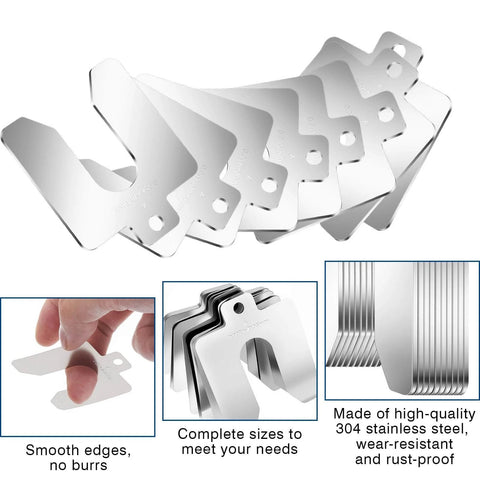 80 Piece Set Stainless Steel Slotted Shims Kit 2 by 2 Inch With Eight Thicknesses From 0.001 To 0.075 Inch shown with features