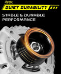 Close-up of Beefed Up 150 Amp 12V Diesel Alternator For Ford Super Duty F250 F350 F450 F550 2011 To 2016 with clutch pulley